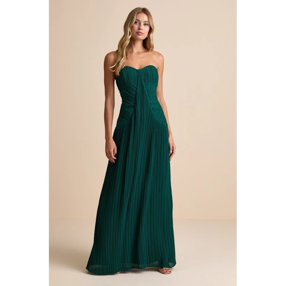 Lulus Dark Green Pleated Strapless Maxi Dress Emerald Formal Gown Medium